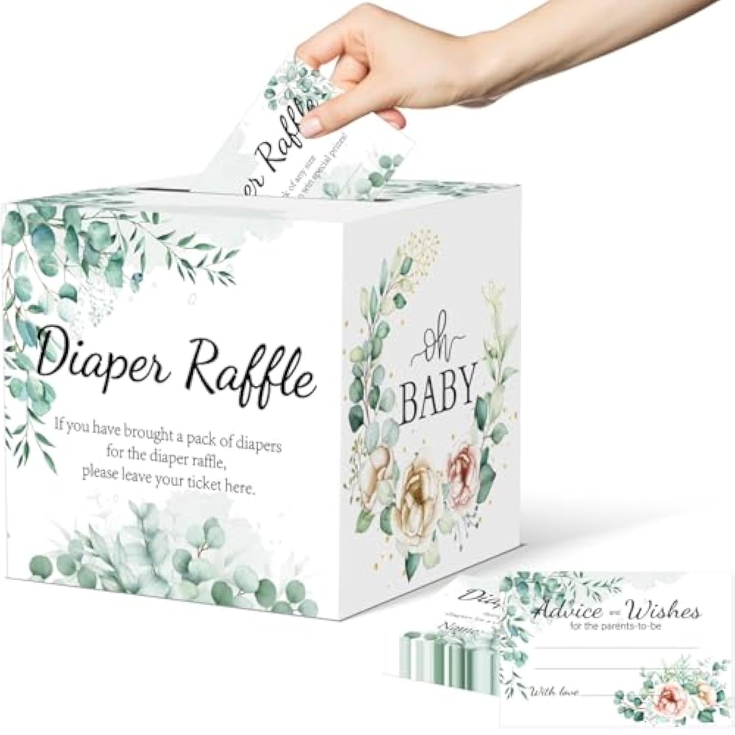 Baby Shower Games, Greenery Diaper Raffle Box For Baby Shower, 50 Pcs Diaper Raffle Tickets Card Box With Advice And Wishes For The Parents-To-Be, Baby Shower Decorations, Diaper Raffle Sign