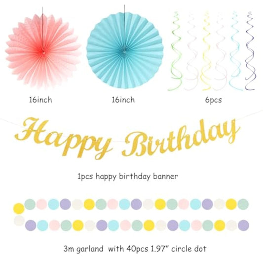 Pastel-Rainbow Classroom Girls Birthday Party-Decorations - 21Pcs Happy Banner Decor, Colorful Paper Streamers Lanterns,Tissue Pom Poms Fan,Hanging Honeycomb Garland, Two Sweet Easter Supplies