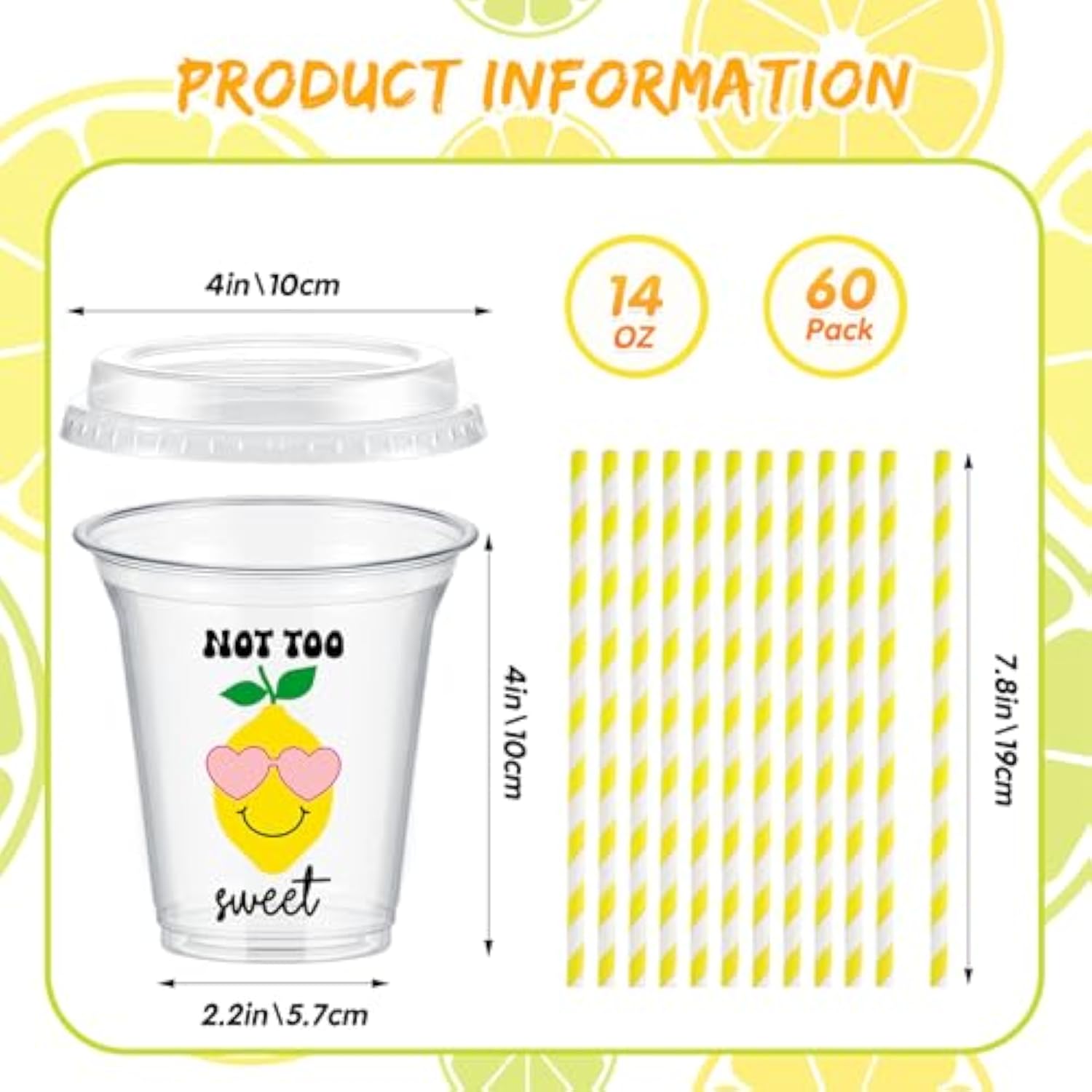 60 Set Plastic Cups Lemon Themed 14 Oz Disposable Clear Cups With Lids And Paper Straws For Lemon Themed Party Favor Supplies Decorations