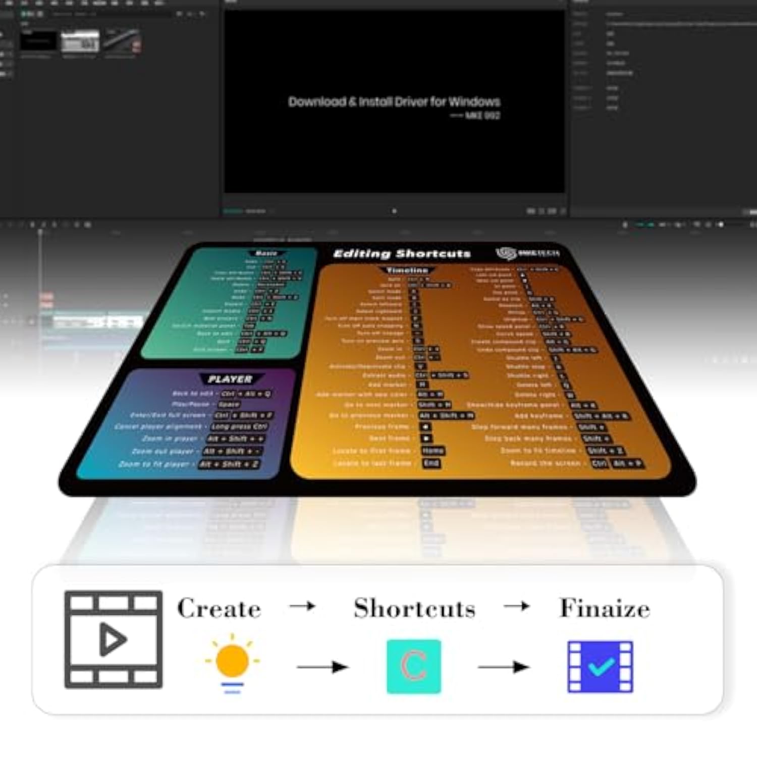 Mouse Pad With Capcut Shortcuts For Windows – Medium Cheat Sheet Desk Pad, 16"X11" Portable Computer Mousepad, For Video Editing And Gifts, Non-Slip Stitched Edges