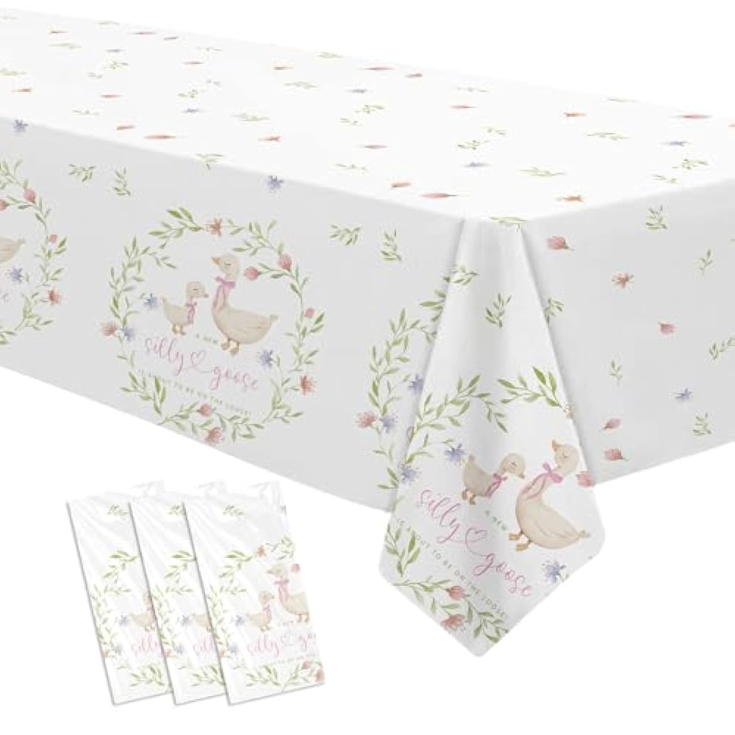 Pink Silly Goose Baby Shower Decorations Tablecloth, Disposable Goose Girl Baby Shower Party Supplies Tablecover, 3 Pack, 86In X 55In