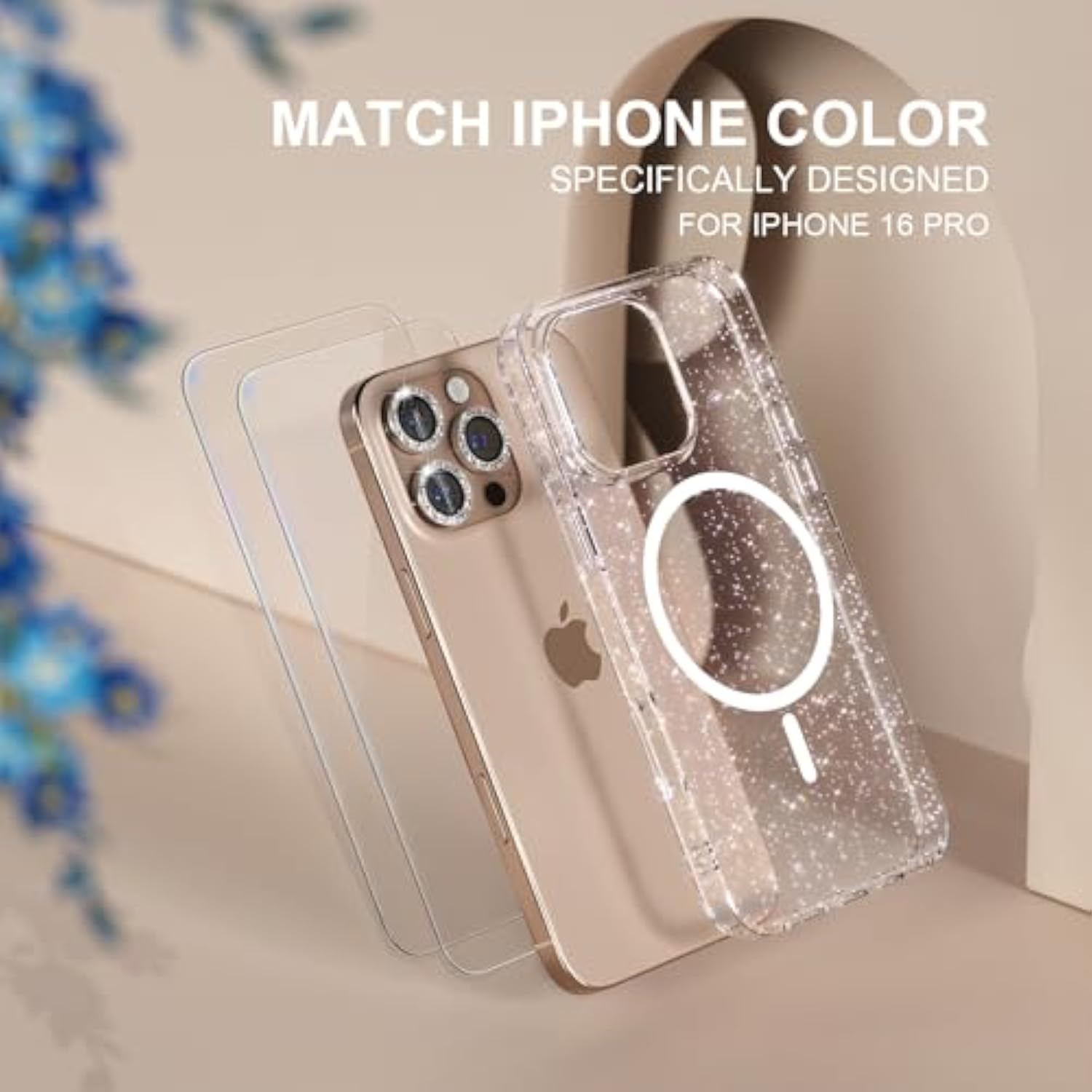 iPhone 16 Pro Magnetic Case Clear Glitter with Screen & Camera Protectors