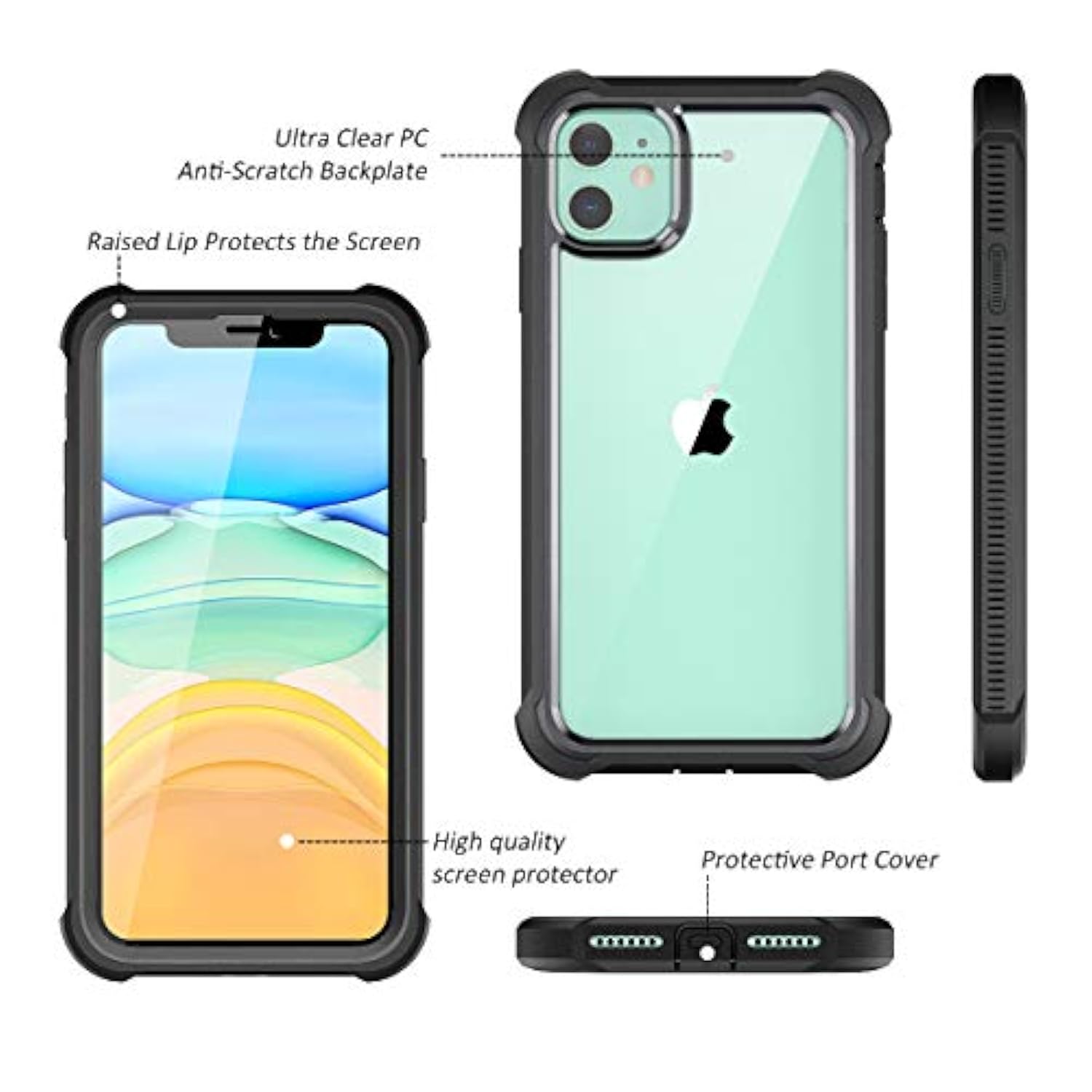 Iphone 11 Case With Screen Protector Clear Rugged 360 Full Body Protective Shockproof Hard Back Defender Dual Layer Heavy Duty Bumper Cover Case For Iphone 11 6.1" - Black