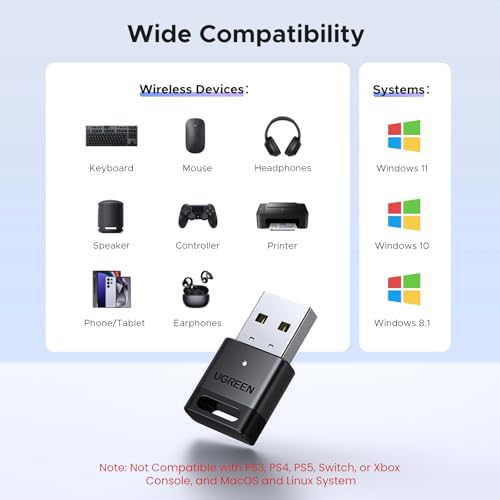 Usb Bluetooth Adapter For Pc Bluetooth 5.4 Dongle Receiver Edr & Ble, Plug & Play Supports Windows 11/10/8.1, For Desktop, Laptop, Headphone,Keyboard,Mouse, Speakers,Printer