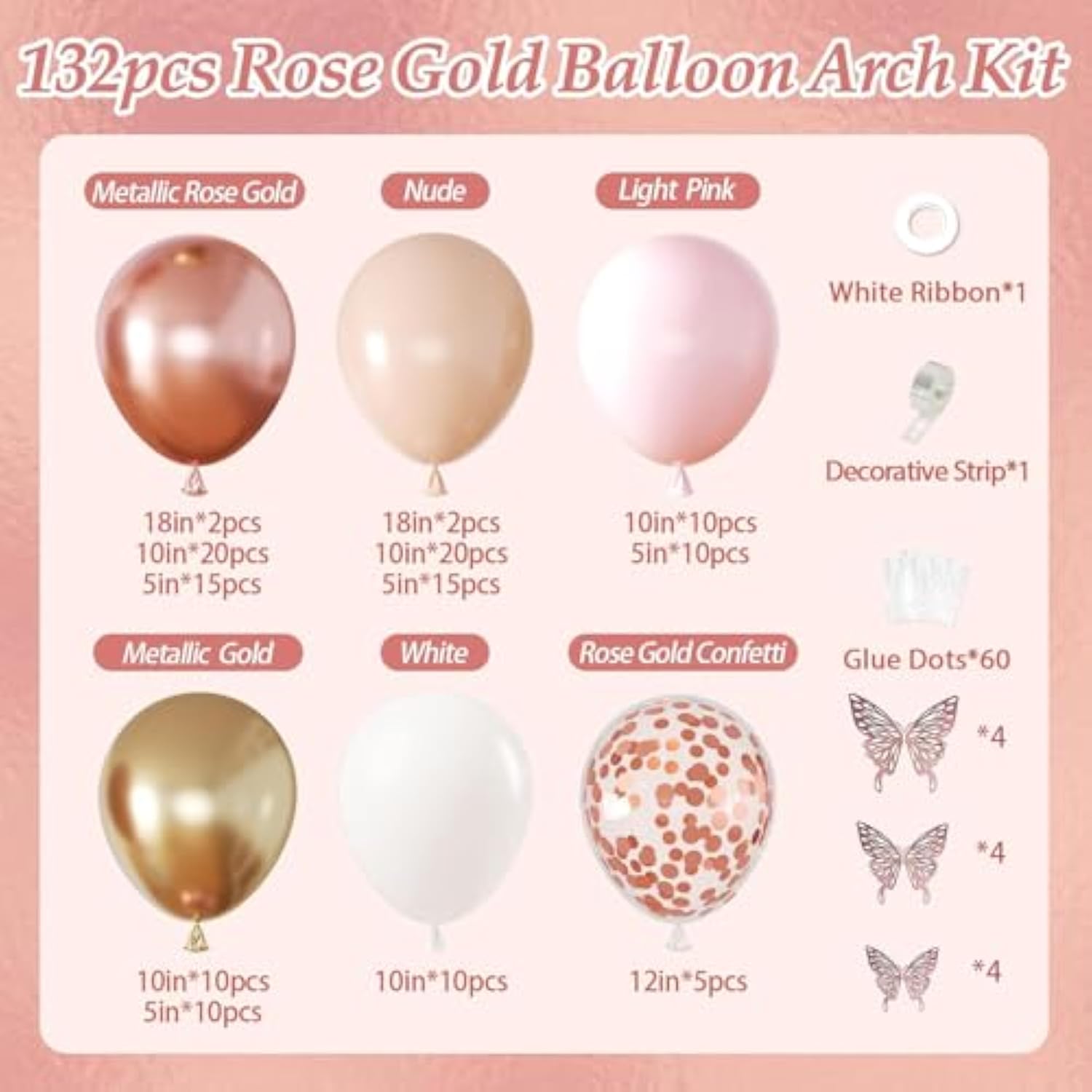 144Pcs Rose Gold Balloons Garland Arch Kit, Metallic Rose Gold Pearl White Confetti Balloons With 3D Butterfly Stickers For Birthday Wedding Baby Bridal Shower Party Engagement Decorations