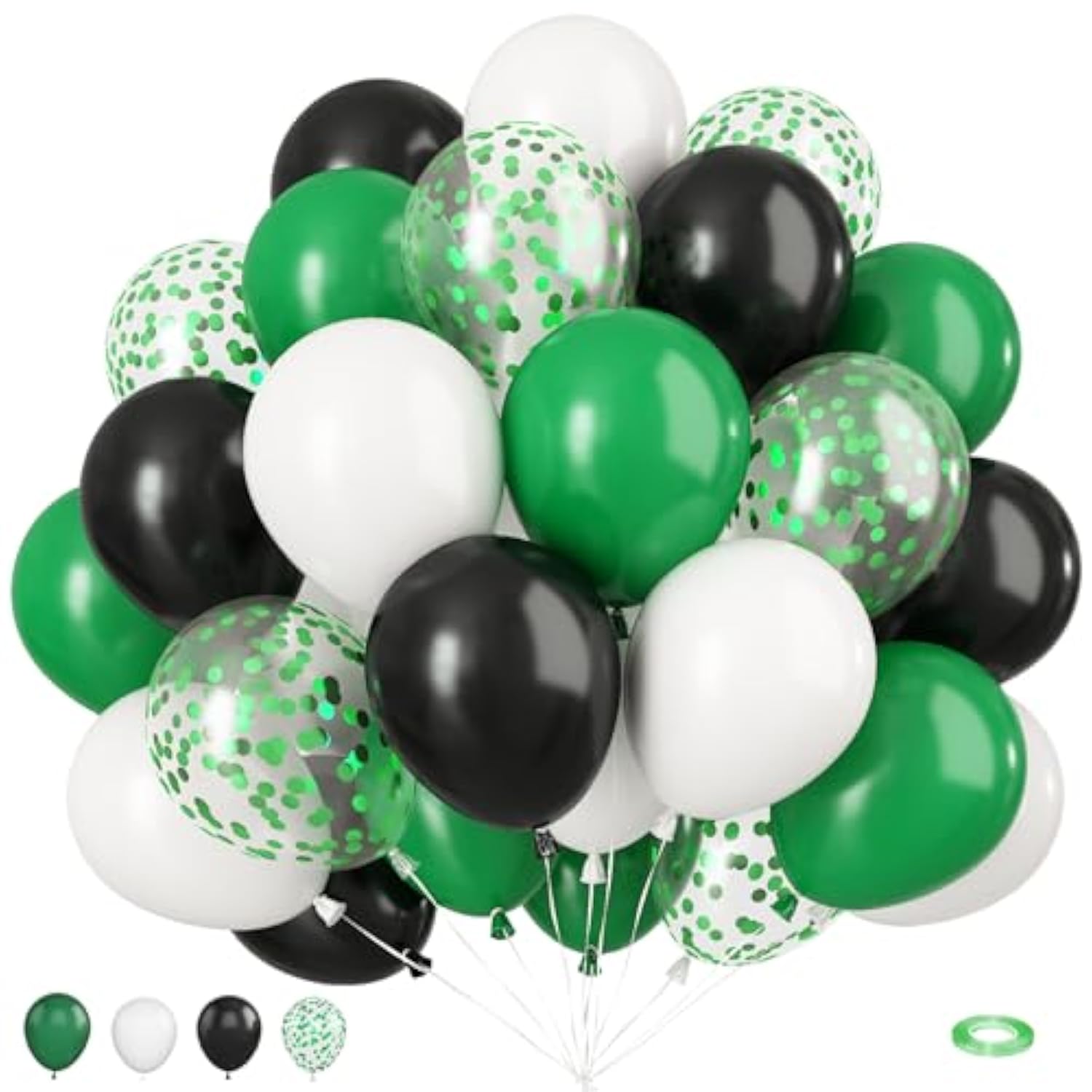 Green And Black Balloons, 50Pcs 12 Inch Green White Black Birthday Balloons, Green Confetti Balloons White Latex Balloons For Boys Kids Video Game Football Theme Party Baby Shower Supplies