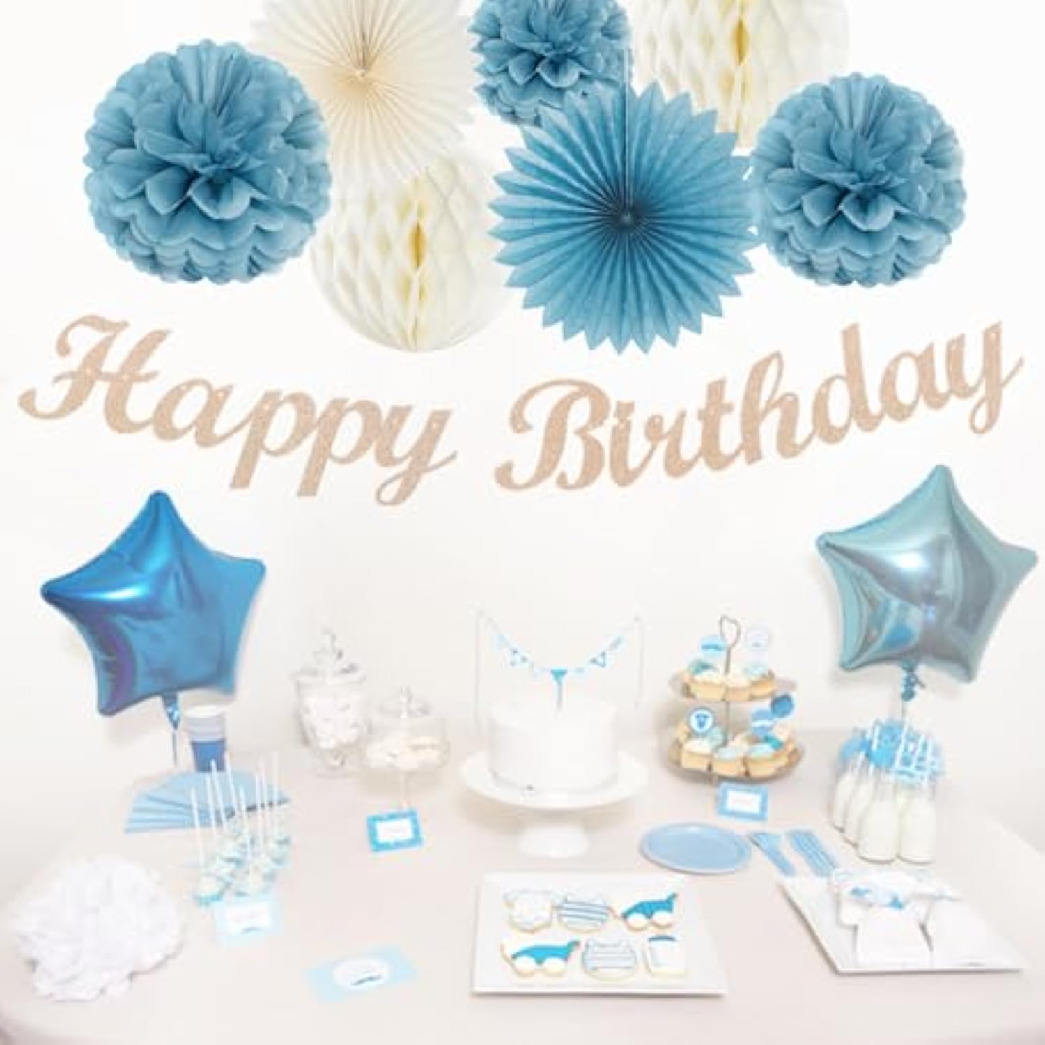 Dusty-Blue White Birthday Party-Decorations Paper-Flowers - 14Pcs Happy Banner Boy Lanterns Tissue Pom Poms,Men Streamers Garland Fans Honeycomb,Baby Teen Male Kids Hanging Supplies Decor