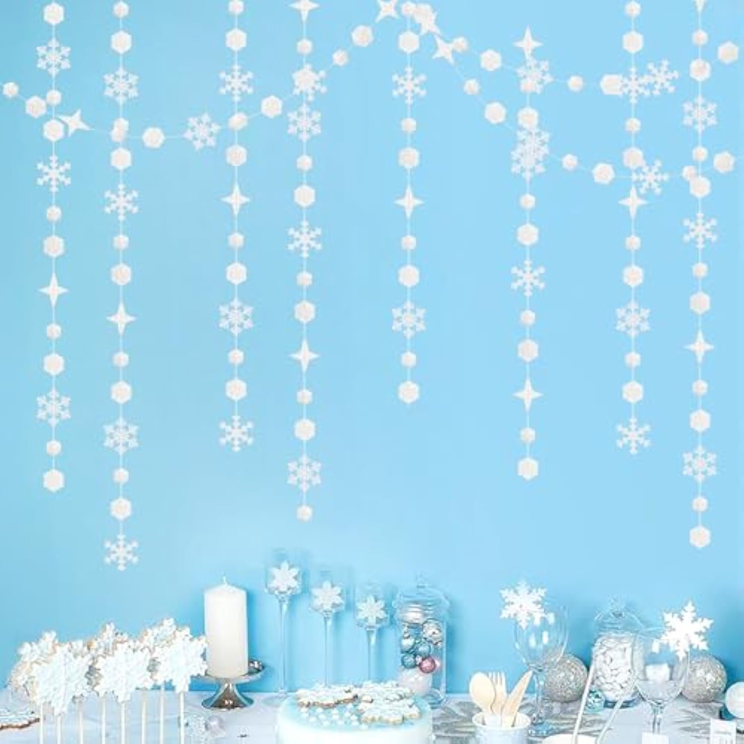 Snowflake-Snow White-Silver Christmas Party-Decorations Streamers - 52Ft White Winter Wonderland Frozen Hanging Paper Garland Banner,Birthday Wedding Baby Shower New Year Supplies Decor