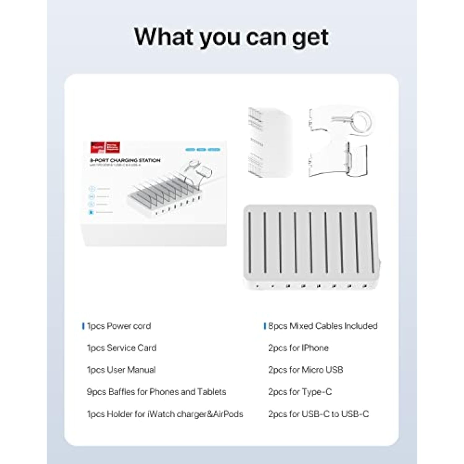 8-Port Usb-C Charging Station For Multiple Devices, With 1 Pd 20W Port Supports Fast Charging, 8Pcs Mixed Charging Cables And 1Pcs Upgraded Holder For Lwatch Charger & Air-Pods, White