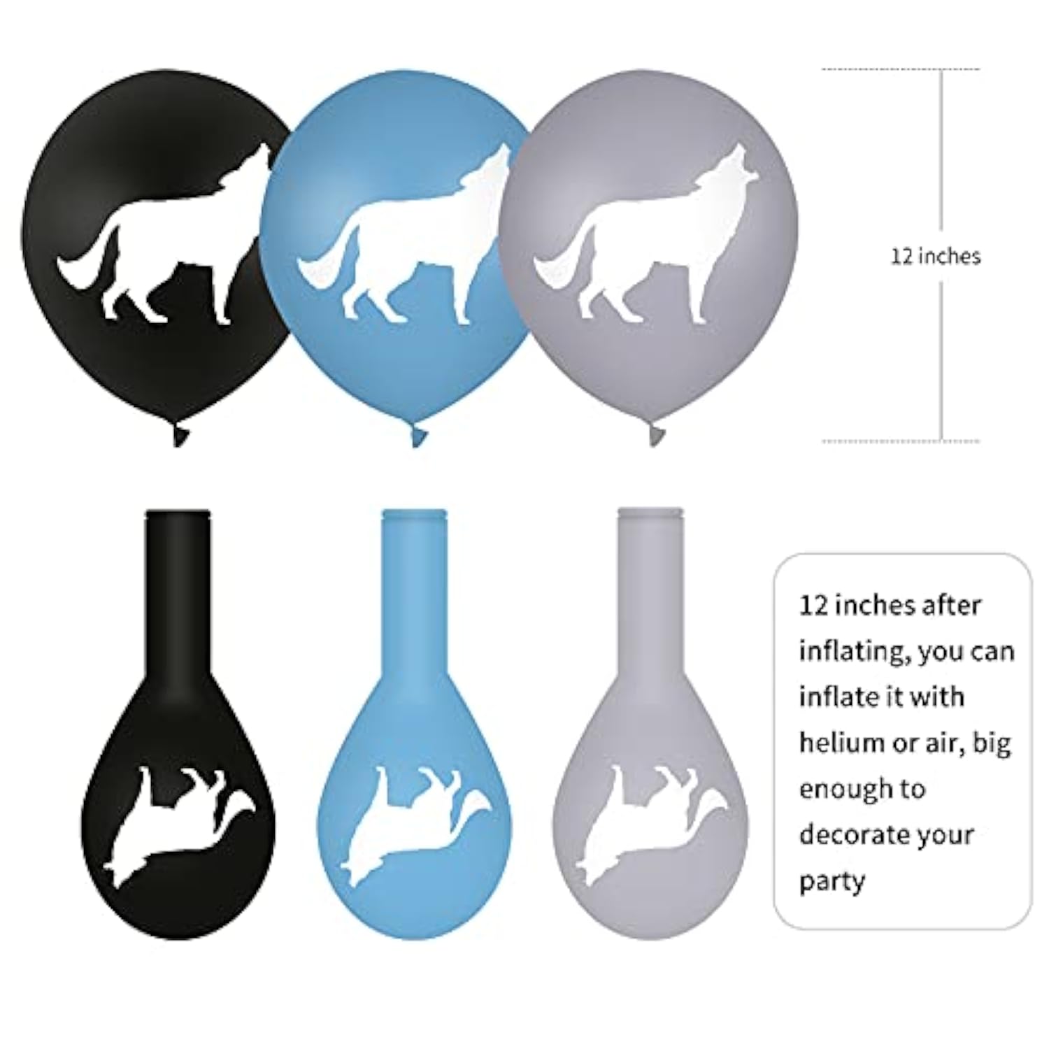 Wolf Party Balloons: 12 Inch Latex, Black Blue Gray, 30 Pcs