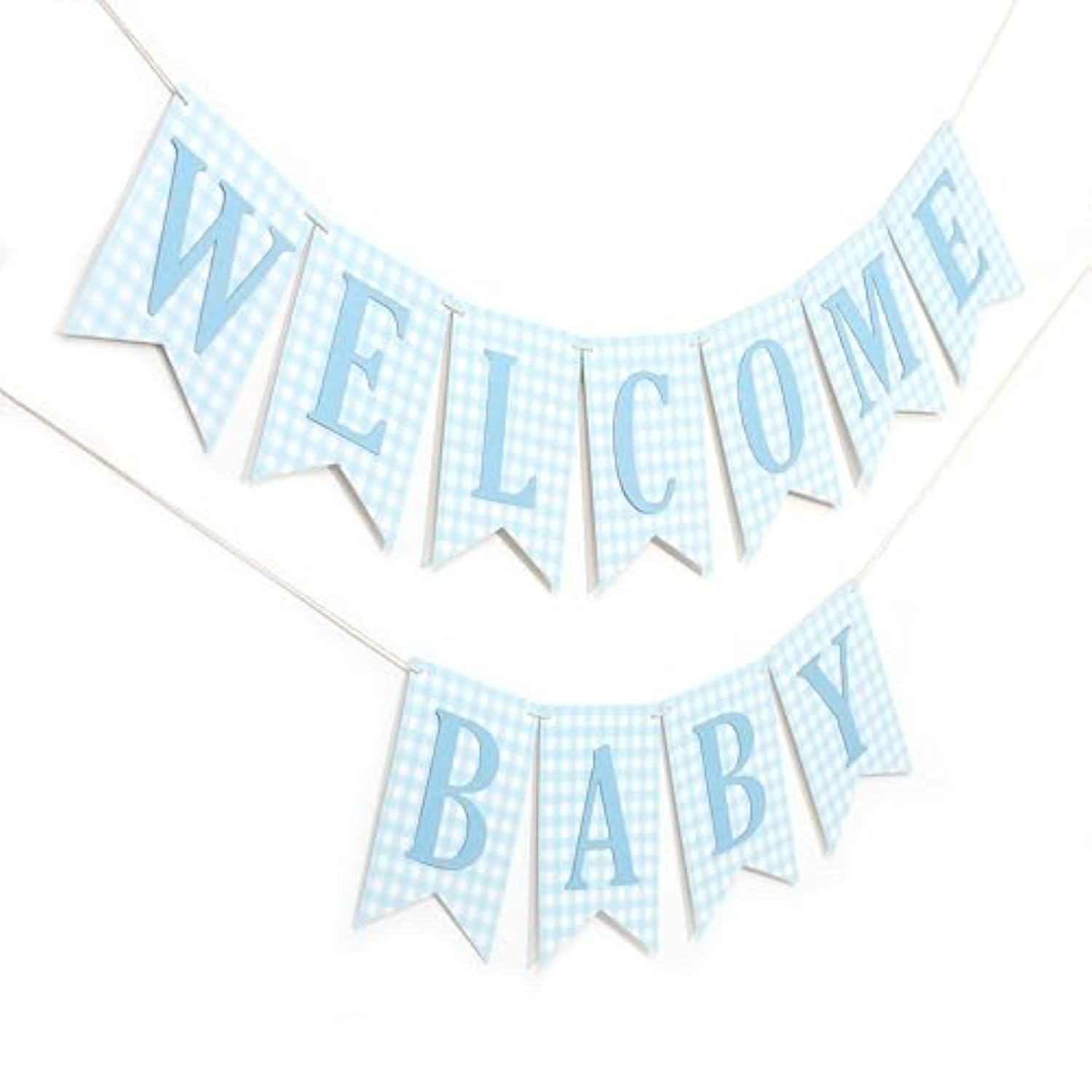 Blue Gingham Welcome Baby Banner Blue White Baby Shower It’s a Boy Decor