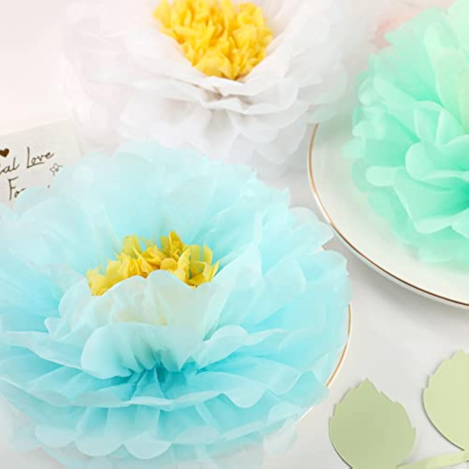 Tissue Paper Chrysanth Flowers With Butterfly And Olive Leaves For Wedding Baby Shower Nursery Room Parties & Events Decorations Pom Poms (White Mint Baby Blue)