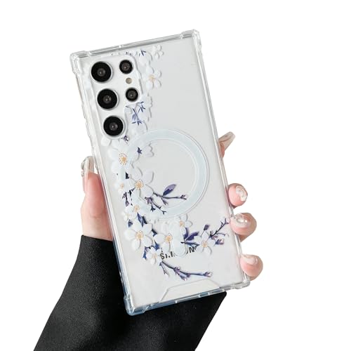 Magnetic Case For Samsung Galaxy S22 Ultra [Work With Magsafe] Clear Floral Flower Pattern Print Design Flexible Acrylic Shockproof Cover Flower Protective Phone Case, Purple Peony