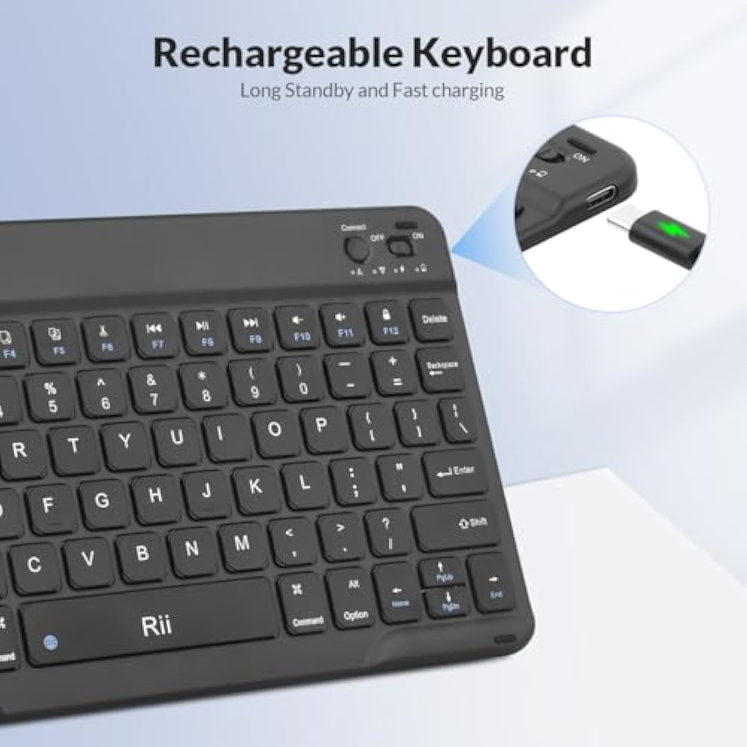 Rk302 Ultra-Slim Bluetooth Keyboard,Rechargeable Ergonomic Wireless Keyboard For Ipad,Iphone,Android,Windows, Mac, Linux,Smart Tv,Tablet,Laptop,Black