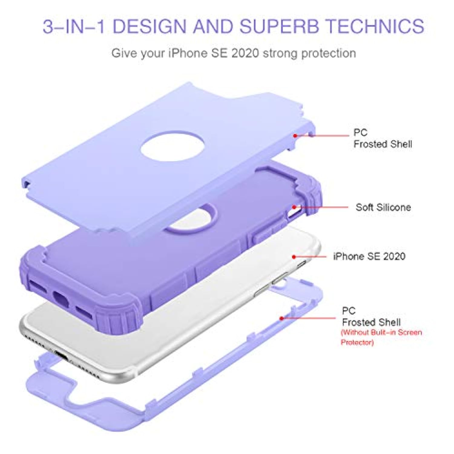 For Se 2022 Case And Se 2020 Case, Heavy Duty 3 In 1 Full Body Rugged Shockproof Hybrid Hard Pc Soft Rubber Case For Se 3Rd/2Nd Gen, Light Purple/Lavender