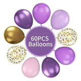60Pcs Pink & Purple Pastel Balloons, 12-Inch Metallic Gold Confetti for Girls' Party Decor