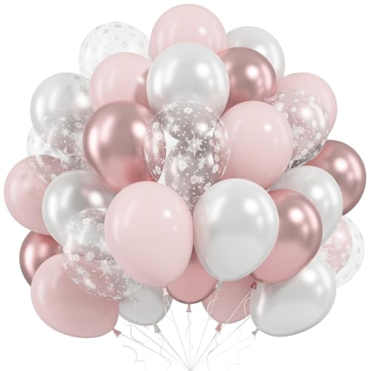 Pink Winter Wonderland Balloons, 50 Pcs 12 Inch Pearl White Balloons Pastel Metallic Pink Balloon For Girls Womem Winter Christmas Wonderland Birthday Baby Shower Ice Snow Princess Party Decorations