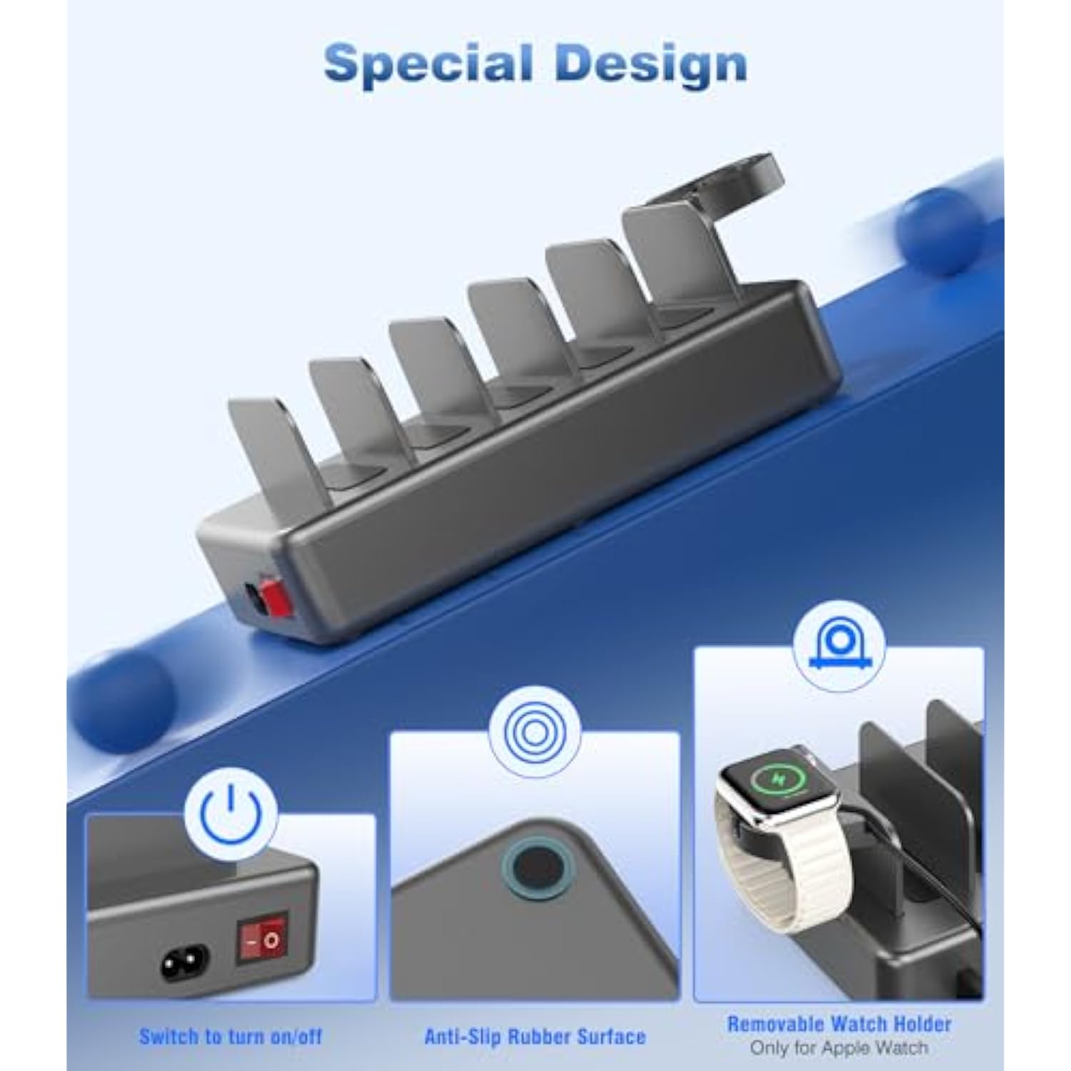 50W Fast Charging Station, 6 Port Apple Charging Station For Multiple Devices Compatible With Iphone,Ipad, Tablet,Kindle Ect,With 6 Short Cables And Apple Watch Holder?Space Gray?