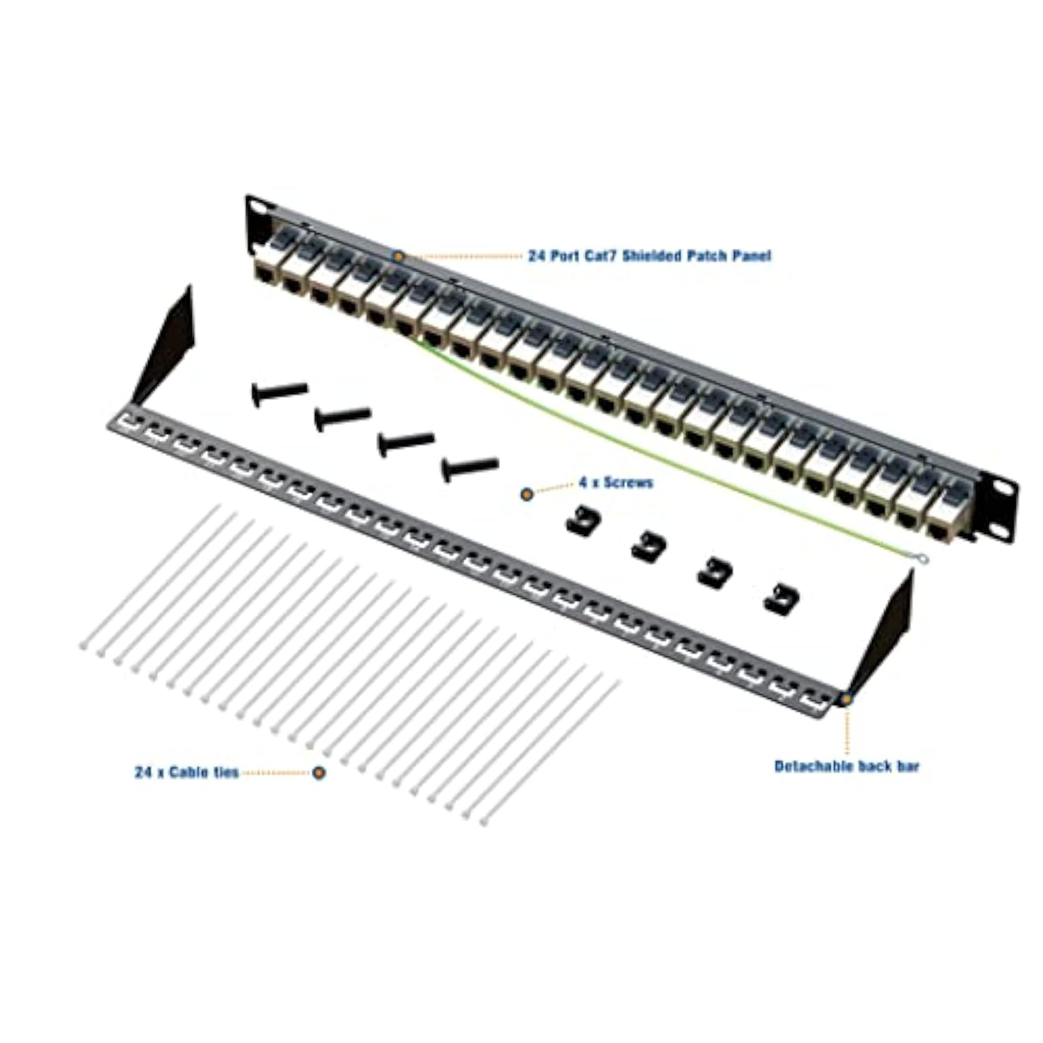 24 Port Cat7 Rj45 Through Coupler 1U Shielded Patch Panel Stp 19-Inch With Bac