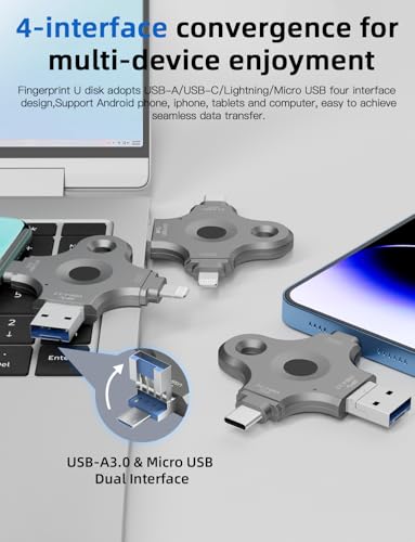 Usb3.0 4-In-1 Fingerprint Encrypted Usb Flash Drive For Iphone Usb Memory Stick Thumb Drives High Speed Usb Stick,Photo Stick External Storage For Iphone/Ipad/Android/Pc