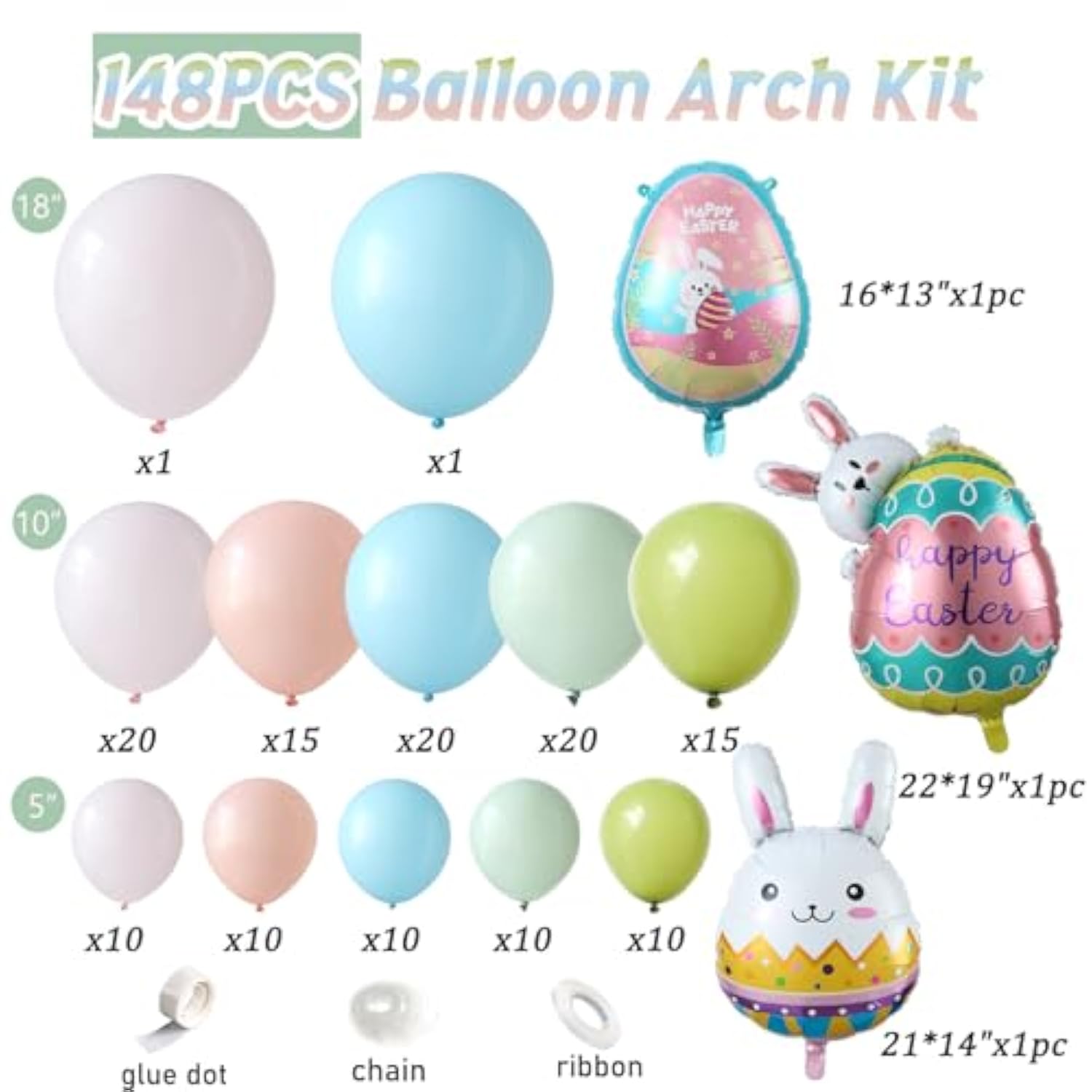 148Pcs Easter Pastel Balloon Garland Arch Kit, Pastel Pink Light Blue Green Balloons With Bunny Rabbit Egg Foil Balloons For Easter Birthday Party Bunny Hunt Spring Baby Shower Decorations