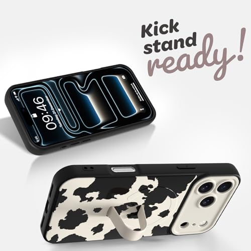 Magnetic for iPhone 17 Pro Max Case with Finger Strap Stand, Compatible with Magsafe, Trendy Funny Milk Cow Phone Case for Women Men Slim Shockproof