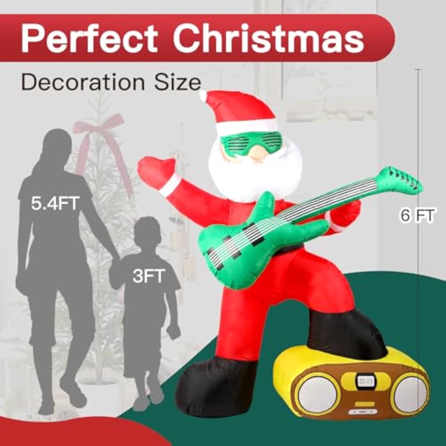 6Ft Christmas Inflatables Decorations Outdoor?Blow Up Santa Claus With A Guitar With Built-In Leds Lights For Indoor Hol