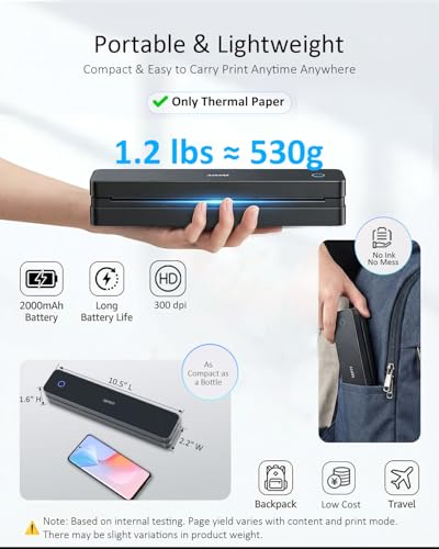 Inkless Portable Printer For Travel, 300Dpi Wireless Thermal Printer Support 8.5" X 11" Us Letter, A4, Mt610Pro Small Bluetooth Printers Compatible With Ios, Android Laptop For Home Office Car, Black