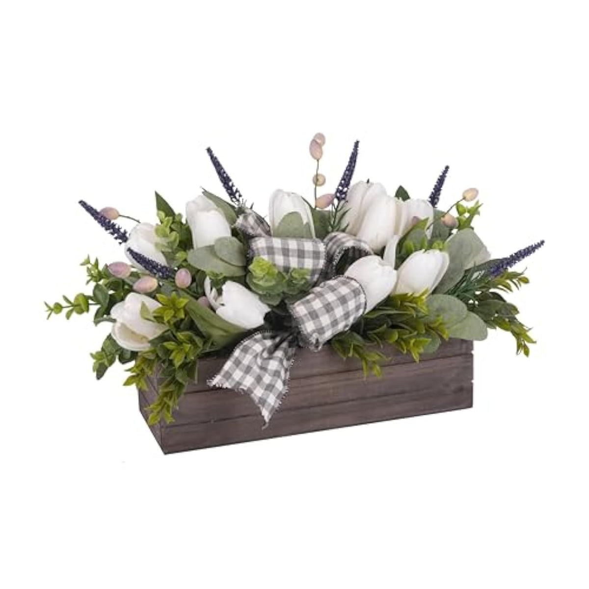 Spring Table Decor Faux White Tulips Arrangement, Spring Easter Tabletop Floral Centerpiece, Artificial Tulip Lavender Eucalyptus Boxwood And Bow In Rectangular Wood Box For Home Decoration, 14In