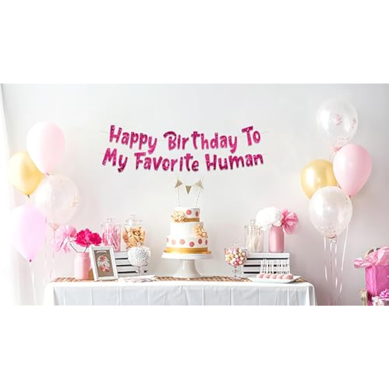 Pre-Strung Happy Birthday To My Favorite Human - Funny Birthday Pink Glitter Banner - Funny Birthday Decorations For Men And Women - Party Supplies And Gifts