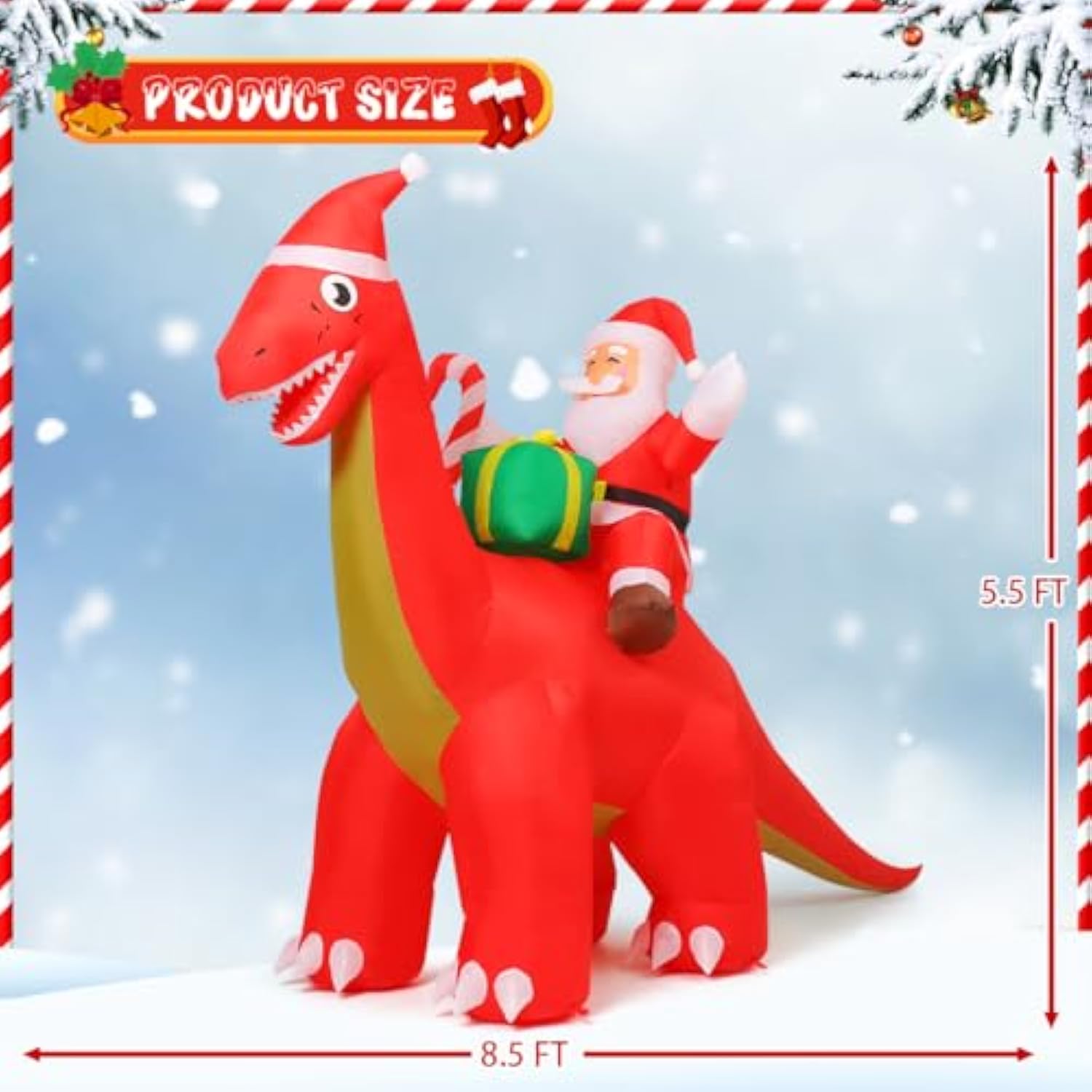 8.5Ft Long Christmas Inflatables Outdoor Decorations, Blow Up Santa Claus Riding Dinosaur With Built-In Leds For Christm