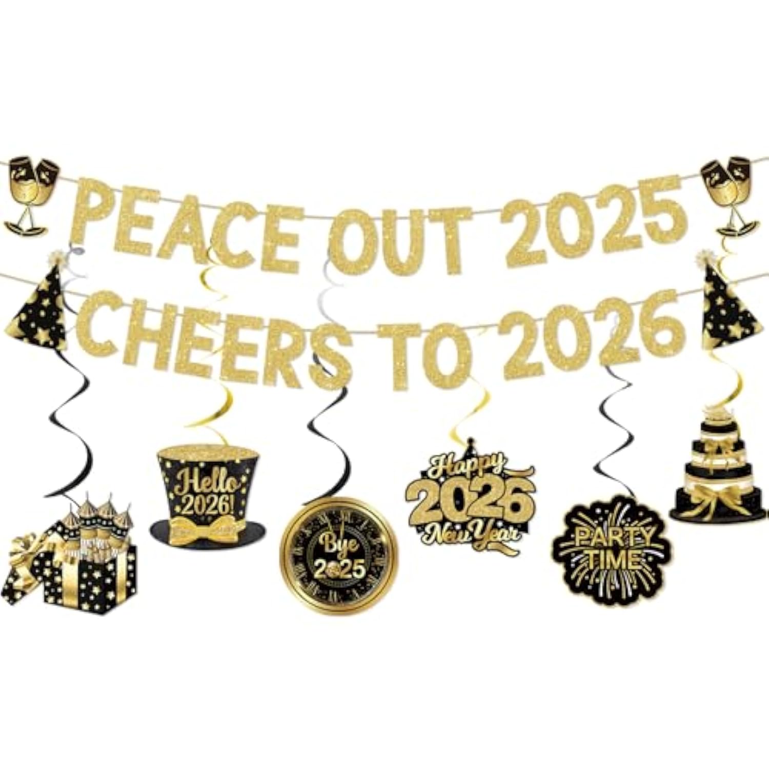 Peace Out 2025 Cheers to 2026 Gold Glitter Banner NYE Party Decor