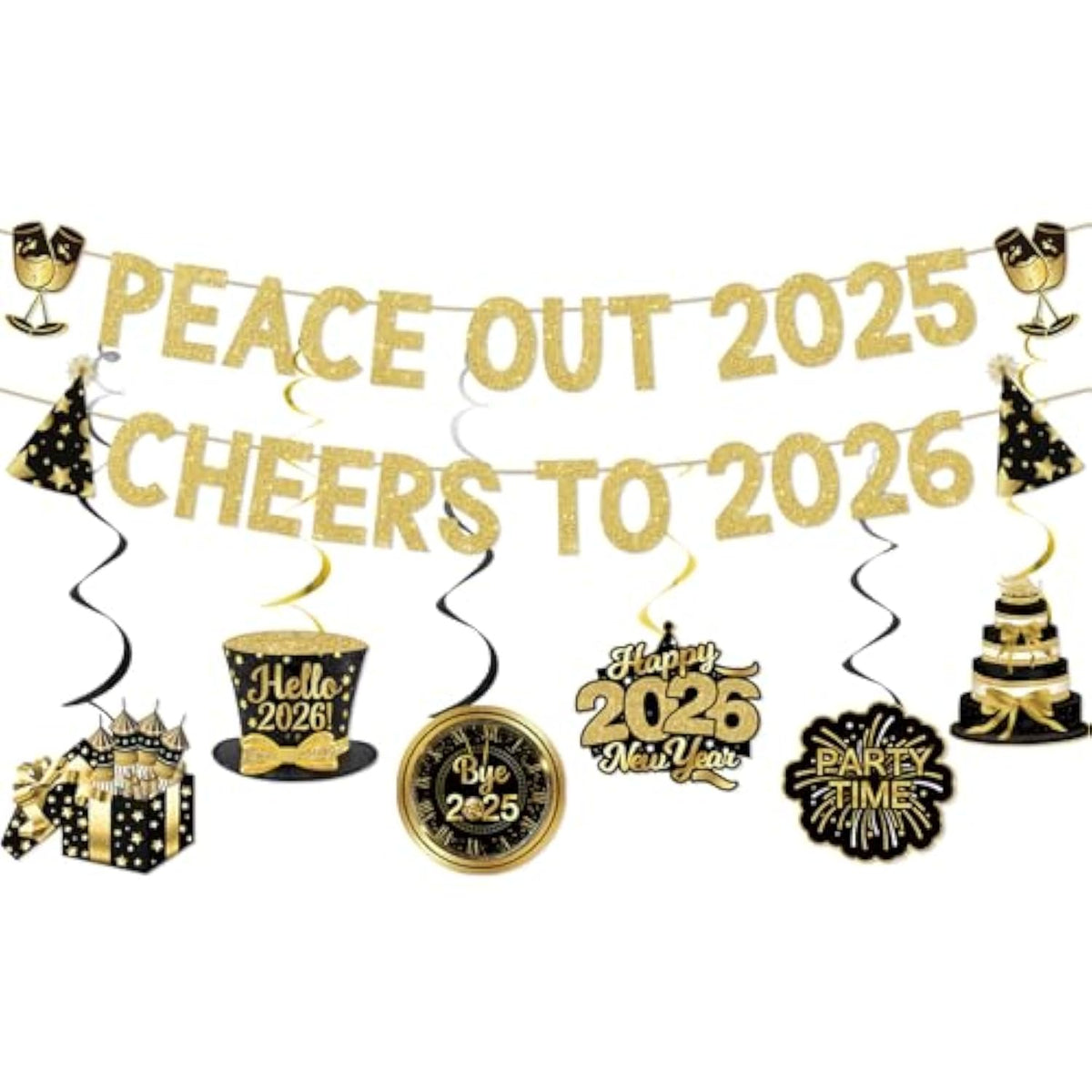 Peace Out 2025 Cheers to 2026 Gold Glitter Banner NYE Party Decor