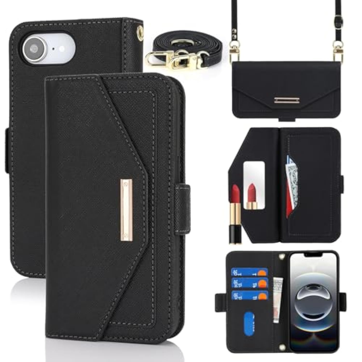 Crossbody Wallet For Iphone 16E Case With Strap,2025,Credit Card Holder,Adjustable Shouler Lanyard, 6.1",Pu Leather Handbag Purse Kickstand Make Up Mirror Cover Case For Women Girl,Black