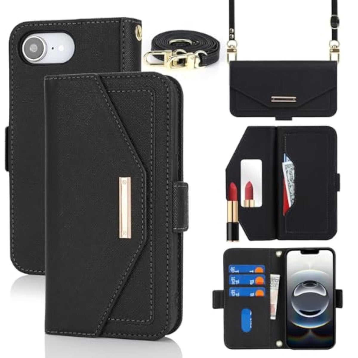 Crossbody Wallet For Iphone 16E Case With Strap,2025,Credit Card Holder,Adjustable Shouler Lanyard, 6.1",Pu Leather Handbag Purse Kickstand Make Up Mirror Cover Case For Women Girl,Black