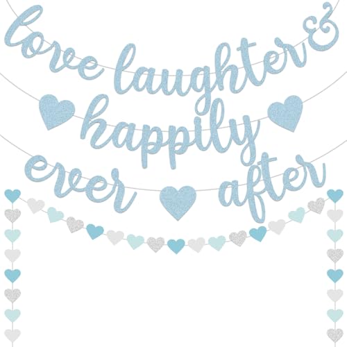 Glitter Blue Love Laughter & Happily Ever After Banner, 13FT White-Blue Champagne Heart Streamers Garland for Wedding Bridal Engagement Party