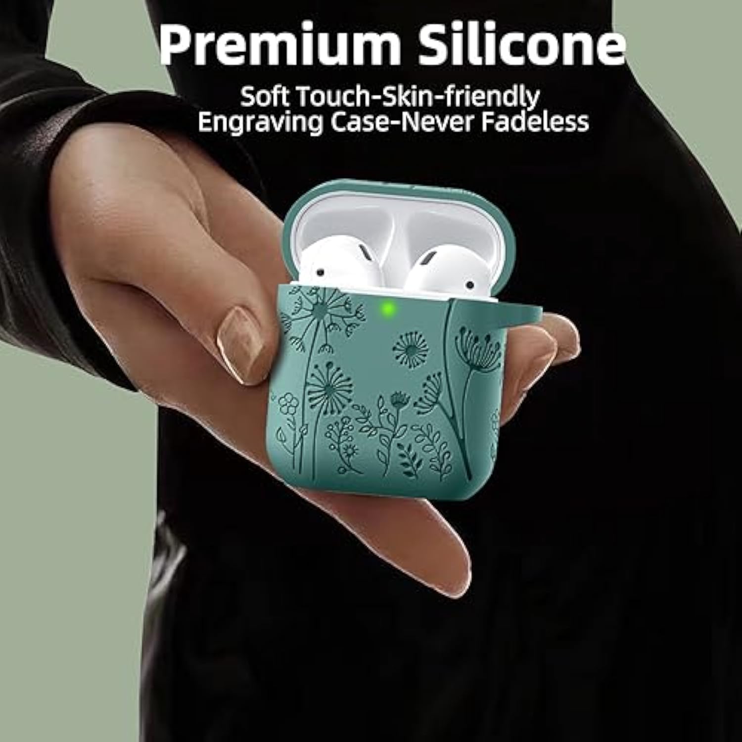 Flower Engraved Cover For Airpods Case, Stylish Soft Silicone Protector With Keychain Compatible With Apple Airpod 1St/2Nd Generation Charging Case, Front Led Visible, Pine Green