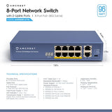 8-Port Poe+ Switch, Power Over Ethernet, 802.3At, 96W, Metal Housing, 2-Port Uplink, Unmanaged, Desktop, 1-Year