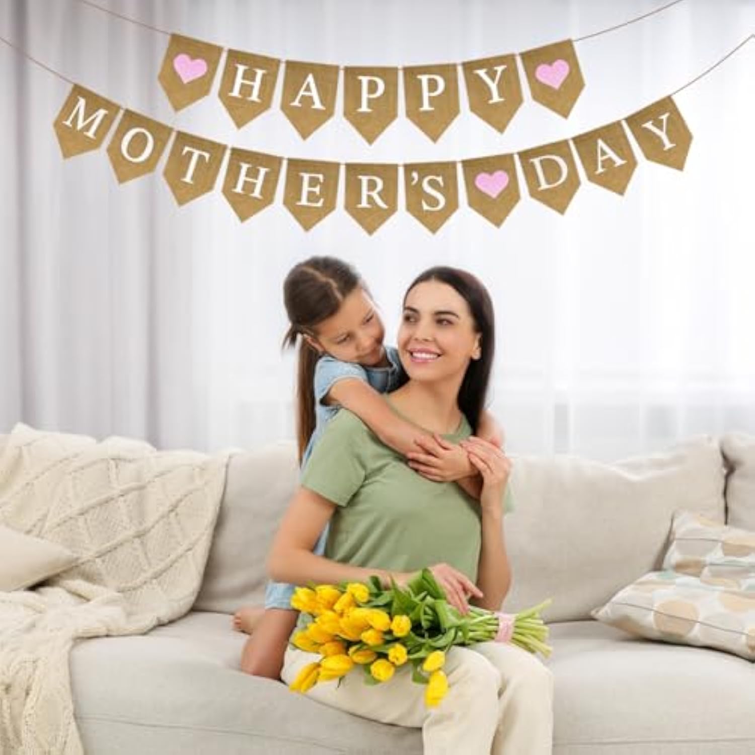 Mother'S Day Burlap Banner, Pre-Strung Happy Mother'S Day Banner With Pink Heart, Rustic Mothers Party Decoration Banners, Mothers Day Surprise Decoration For Window, Fireplace, Table