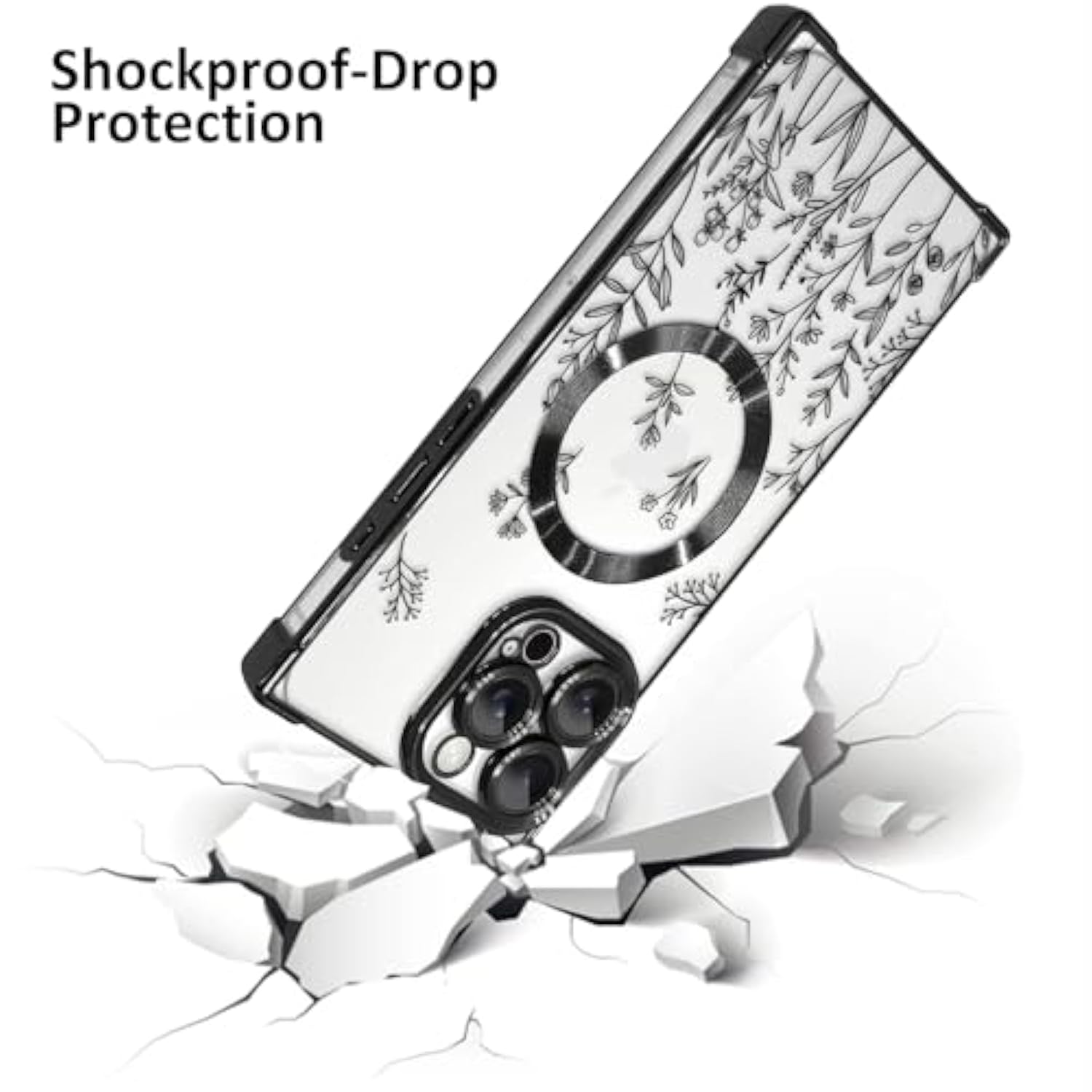 Case For Iphone 16 Pro Max [Compatible With Magsafe] Flower Pattern Design Soft Tpu Anti-Drop Shockproof Protective Slim Luxury Floral Plating Clear Cover - Black