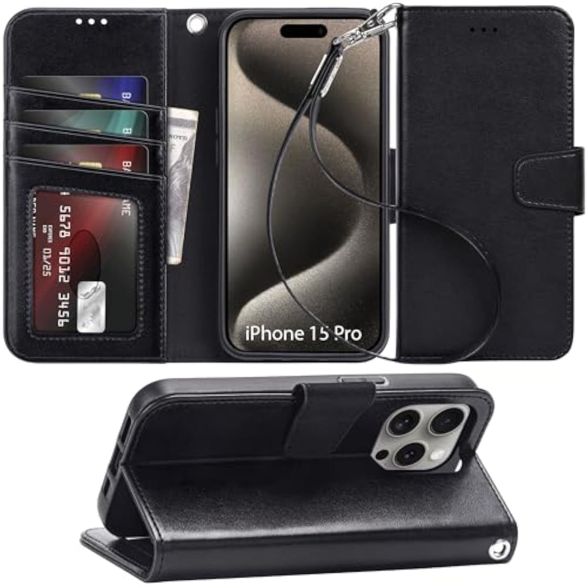 Compatible With Iphone 15 Pro Case With Card Holder And Wrist Strap Wallet Flip Cover For Iphone 15 Pro 6.1 Inch,Black