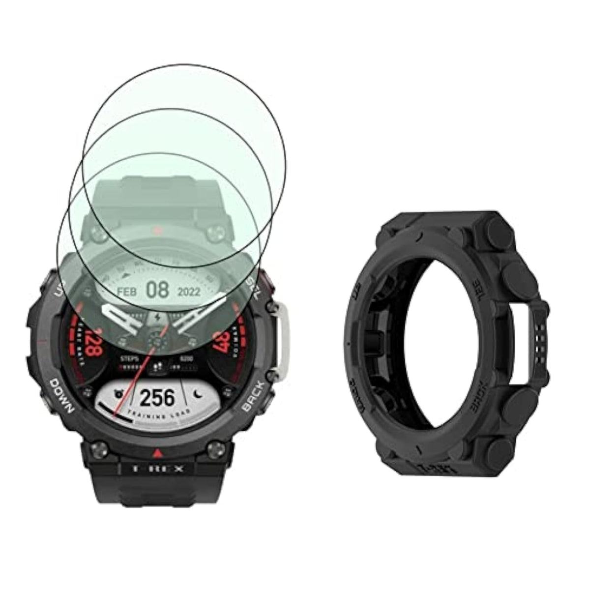 Watch Screen Protector (3+1Pack) Compatible For Amazfit T-Rex 2, Tempered Glass Film Anti-Scratch High Definition Full Coverage And Soft Tpu Protective Case, Black