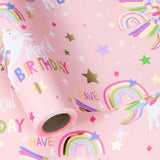 Pink Unicorn Birthday Wrapping Paper Roll For Girls Women, Have A Magical Birthday & Rainbow, Stars, Gold Foil Design For Baby Girl, Baby Shower, Mini Roll, 17 Inches X 16.4 Feet