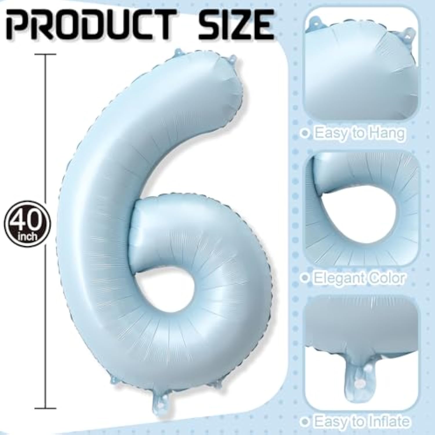 40 Inch 6 Balloon Number, Large Pastel Baby Sky Blue Foil Number 6 Balloons Birthday Party Decor, Light Powder Blue Helium Mylar Self Inflating Balloon For Boys Kid 6Th Birthday Anniversary Decoration