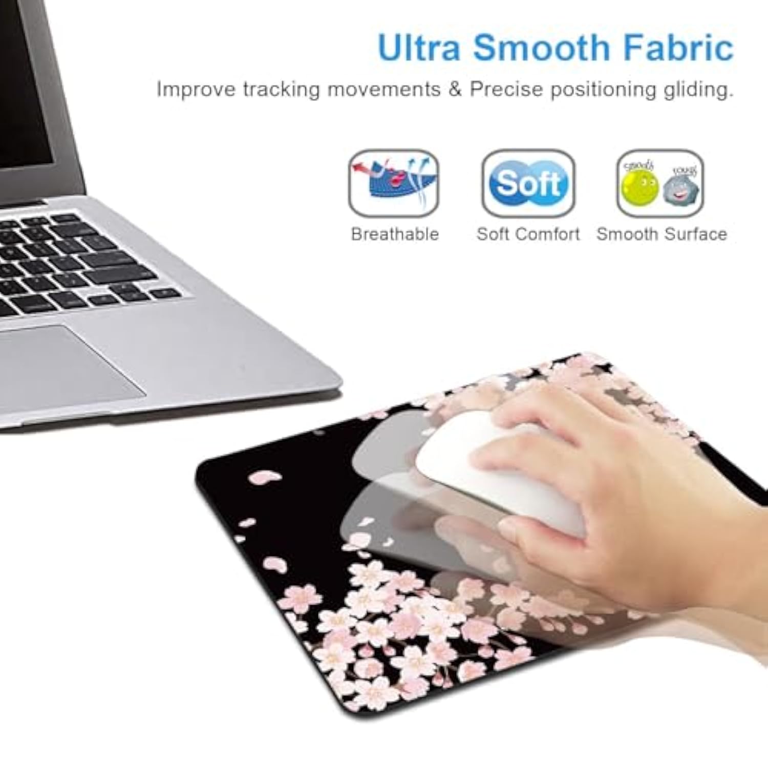 Cute Pink Flowers Mouse Pad, Cherry Blossom Mouse Pad, Serene Blossoms On Black Elegant Floral Mousepad, Japanese Minimalistic Mice Pad For Computer Office Girl, 9.5 X 7.9 Inch