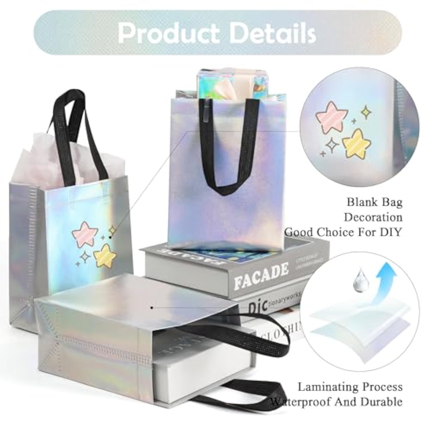 25 Pack Gift Bags With Handles,Small Gift Bags,Non-Woven Bag For Birthday,Baby Shower,Crafts, Christmas,Party Supplies,Iridescent,5.9" L X 3.5" W X 8" H