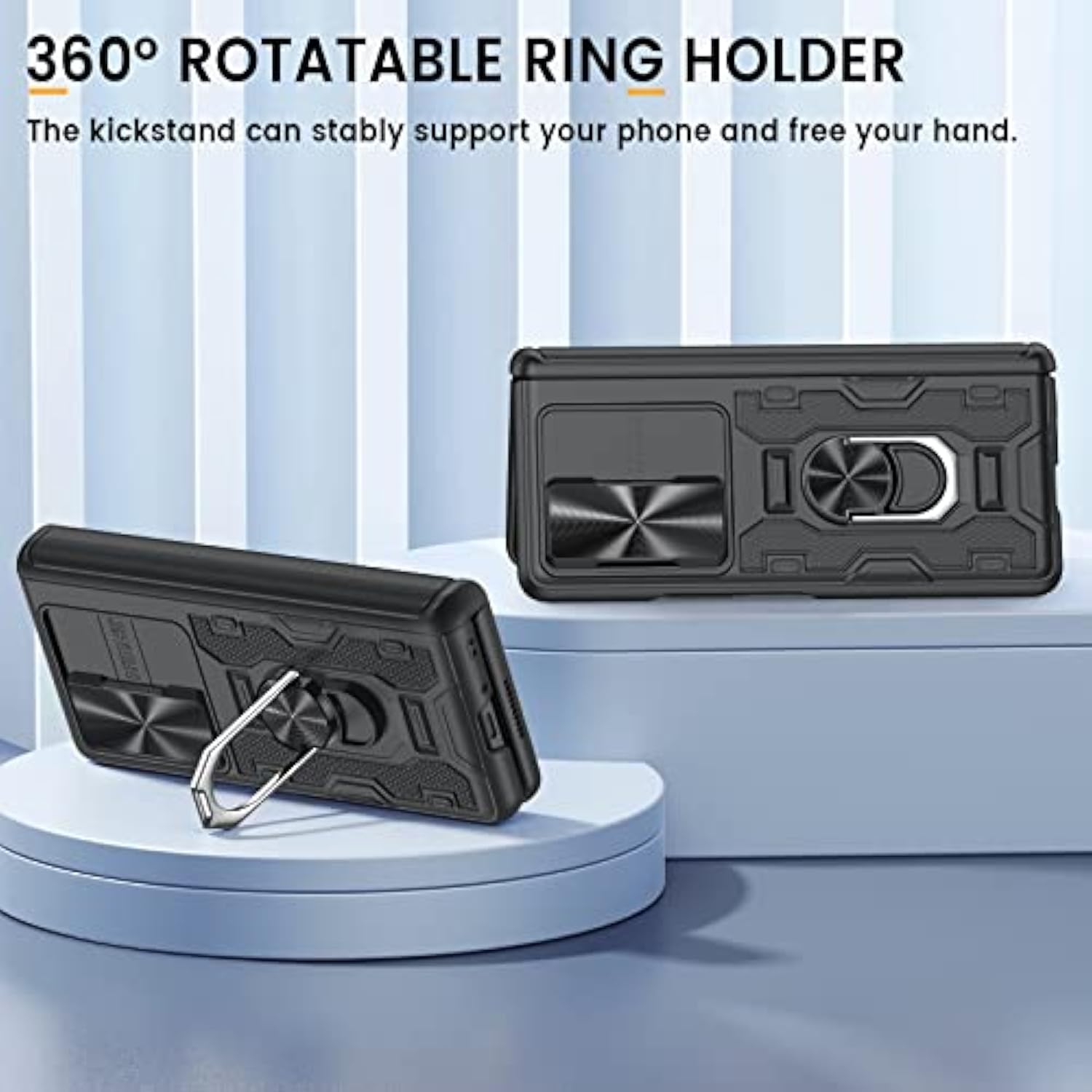 Galaxy Z Fold 3 Case With Slide Camera Lens Cover, Built-In Kickstand Ring Holder Tempered Glass Screen Protector, Magnetic Case For Samsung Z Fold 3 5G (Black)