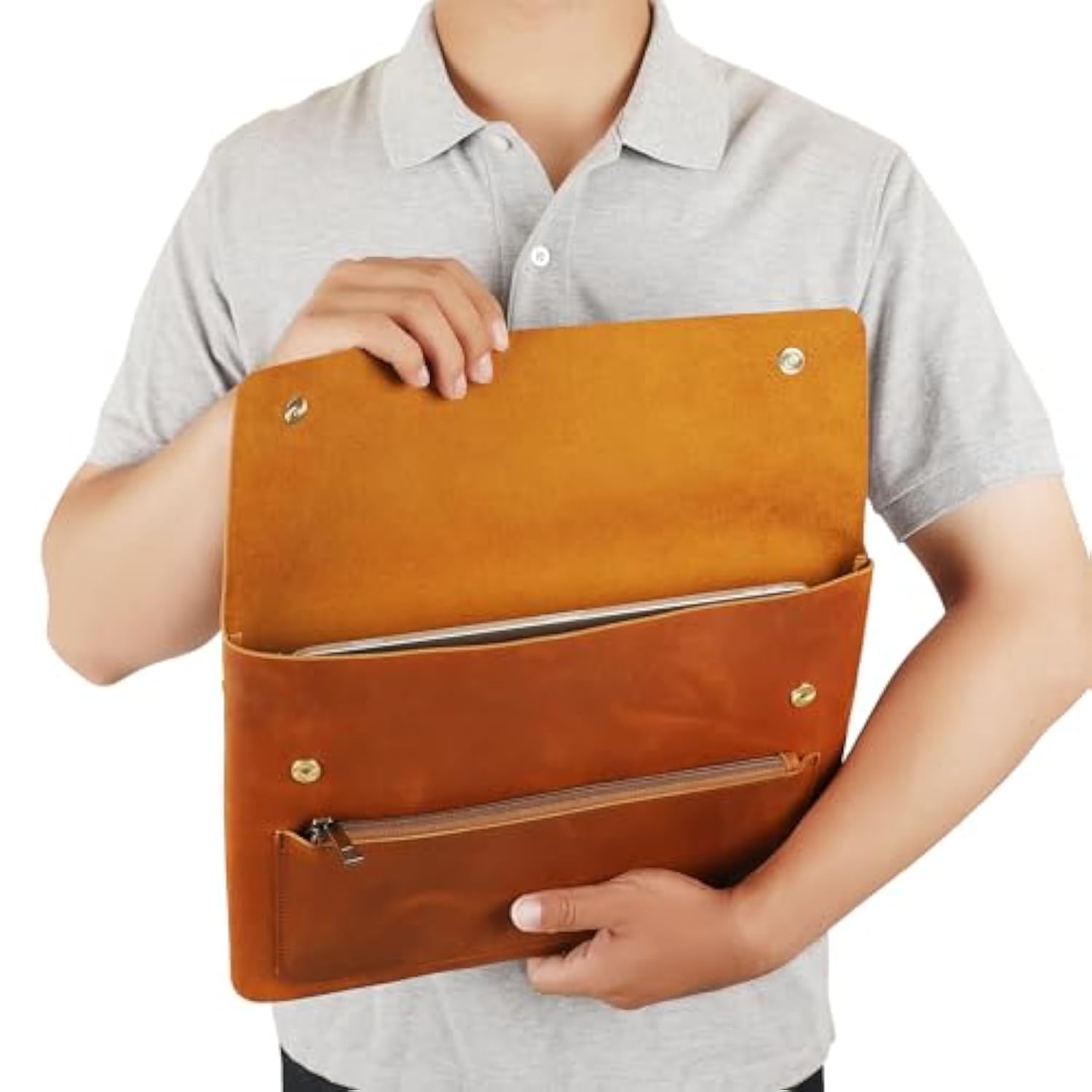 Genuine Leather Sleeve For 13/14/15-In Macbook Pro & Macbook Air, Slim Protective Laptop Case, Folio Document Organizer Leather Folder Portfolio-Brown
