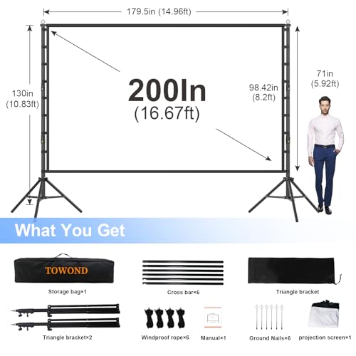 Outdoor Projector Screen with Stand, 200 Inch Portable Projection Screen - Dual-Sided 16:9 4K HD Movie Screen, Wrinkle-Free Design & Carry Bag for