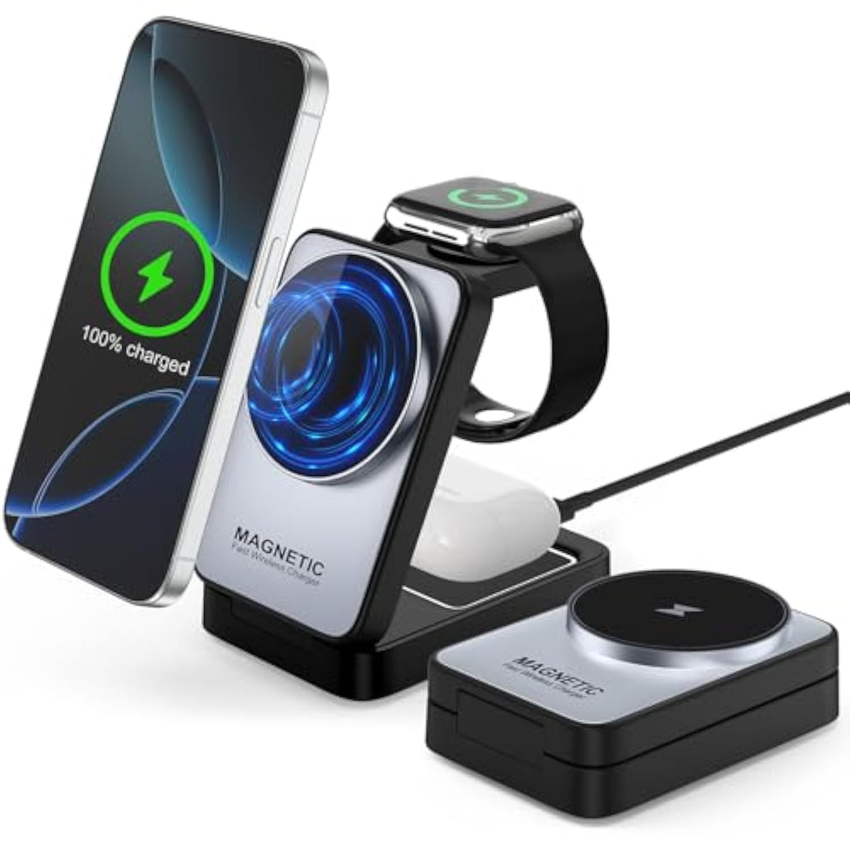 3 In 1 Wireless Charging Station For Apple Devices,Portable Foldable Magnetic Multiple Fast Charger Stand,Wireless Charger Magsafe For Iphone 17 16 15 14 13 12 11 Pro Max Air Plus/Apple Watch/Airpods